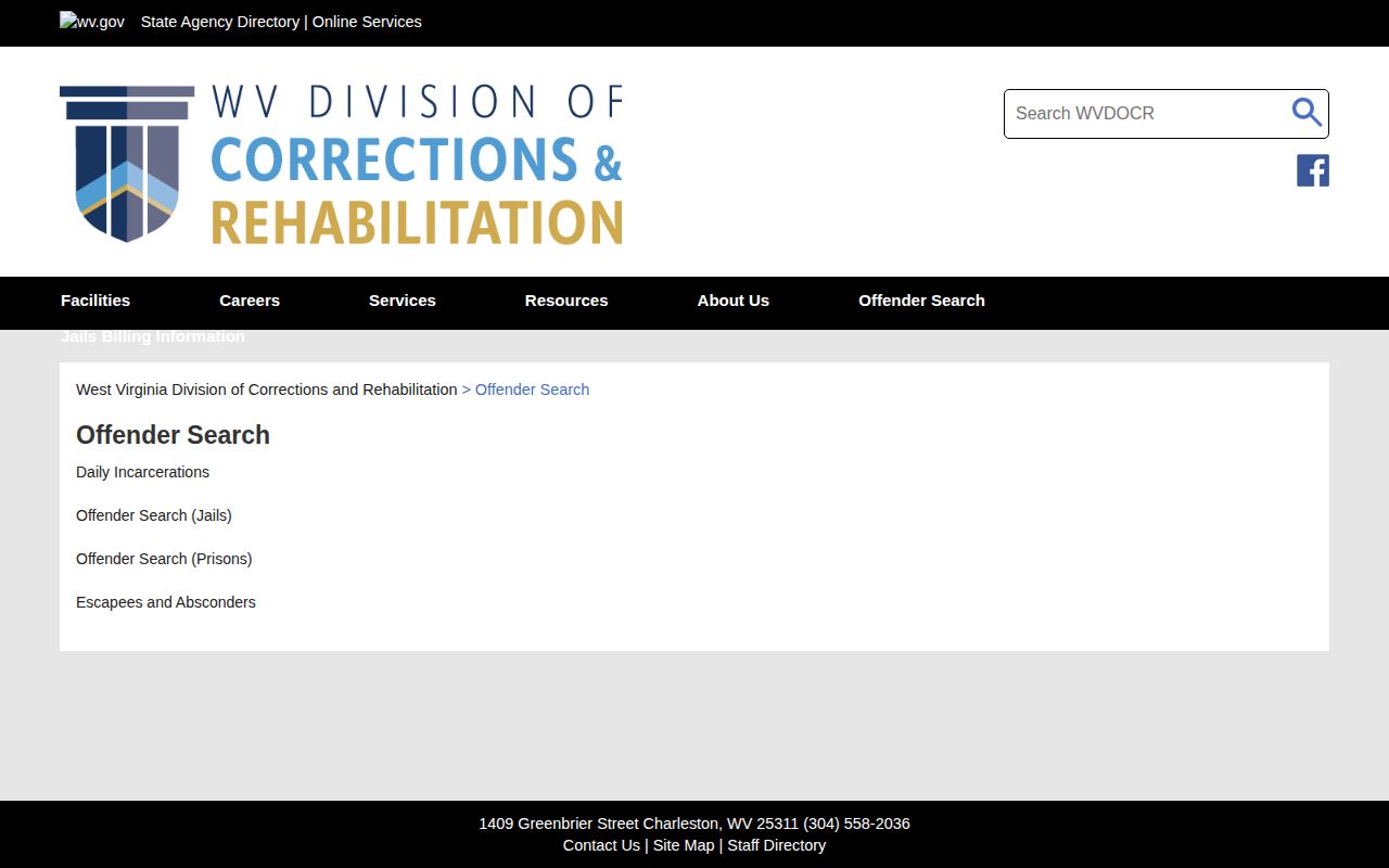 Nicholas County booking record access through the West Virginia DCR offender-search hub